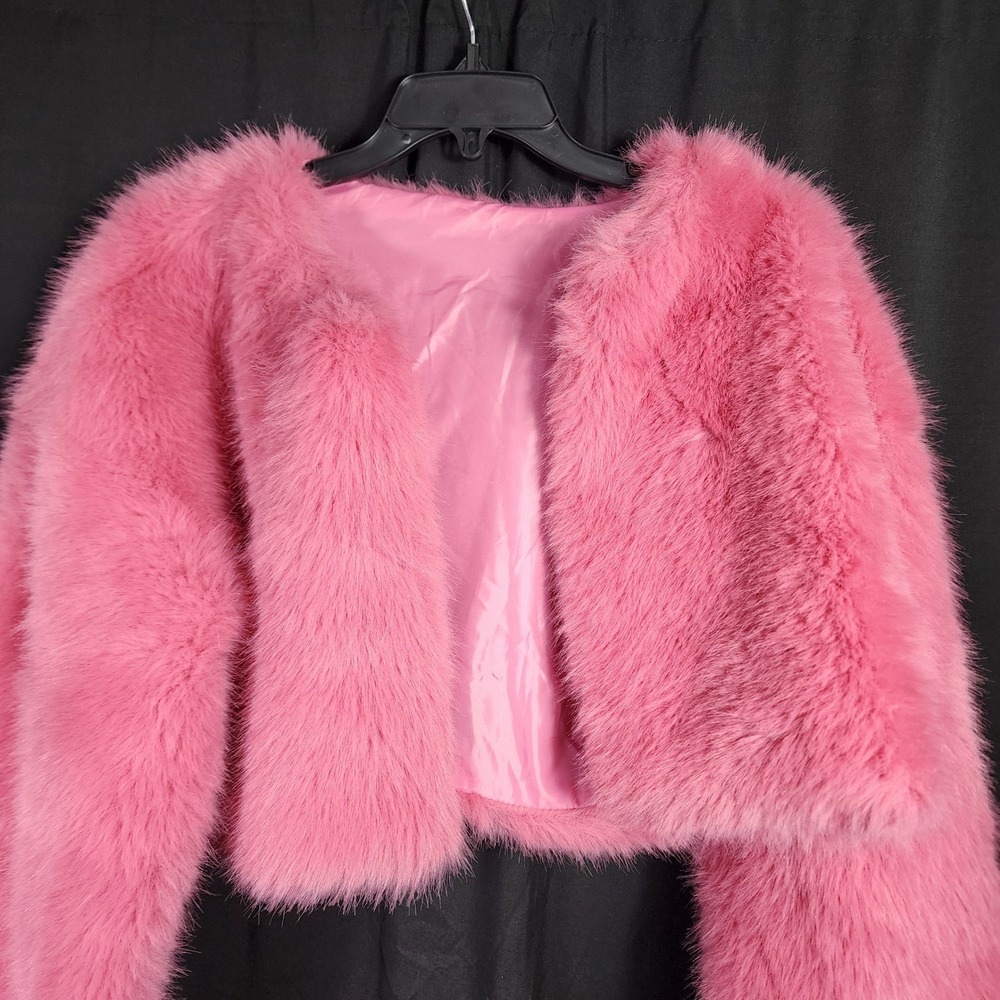 Y2K Pink Faux Fur Cropped Jacket Bolero Shaggy Open Lined Womens L Barbiecore - Picture 2 of 6